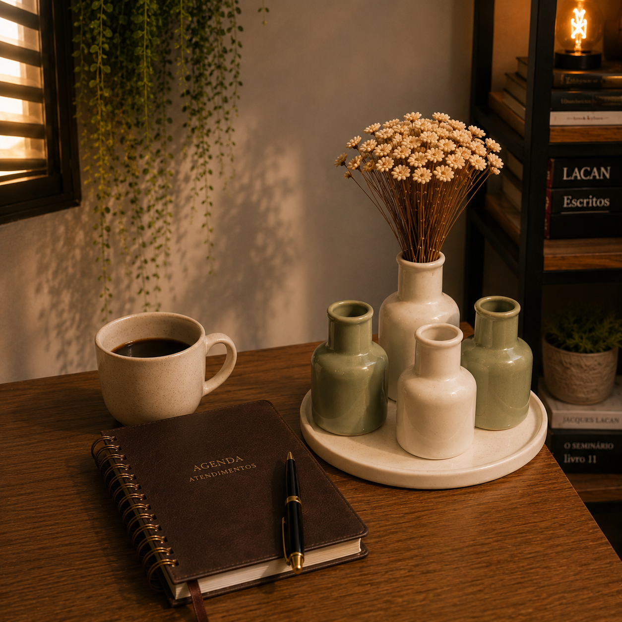 Agenda de atendimentos sobre mesa de madeira com xícara de café
